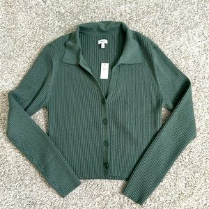 aerie Dark Green Ribbed Button-Up Cardigan